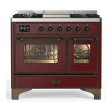 ILVE Majestic III 40-inch Dual Fuel Range with 6 Natural Gas Burner, Griddle and Triple Glass Door Electric Oven in Burgundy with Burnished Trim (UMD40FNR3BUB)