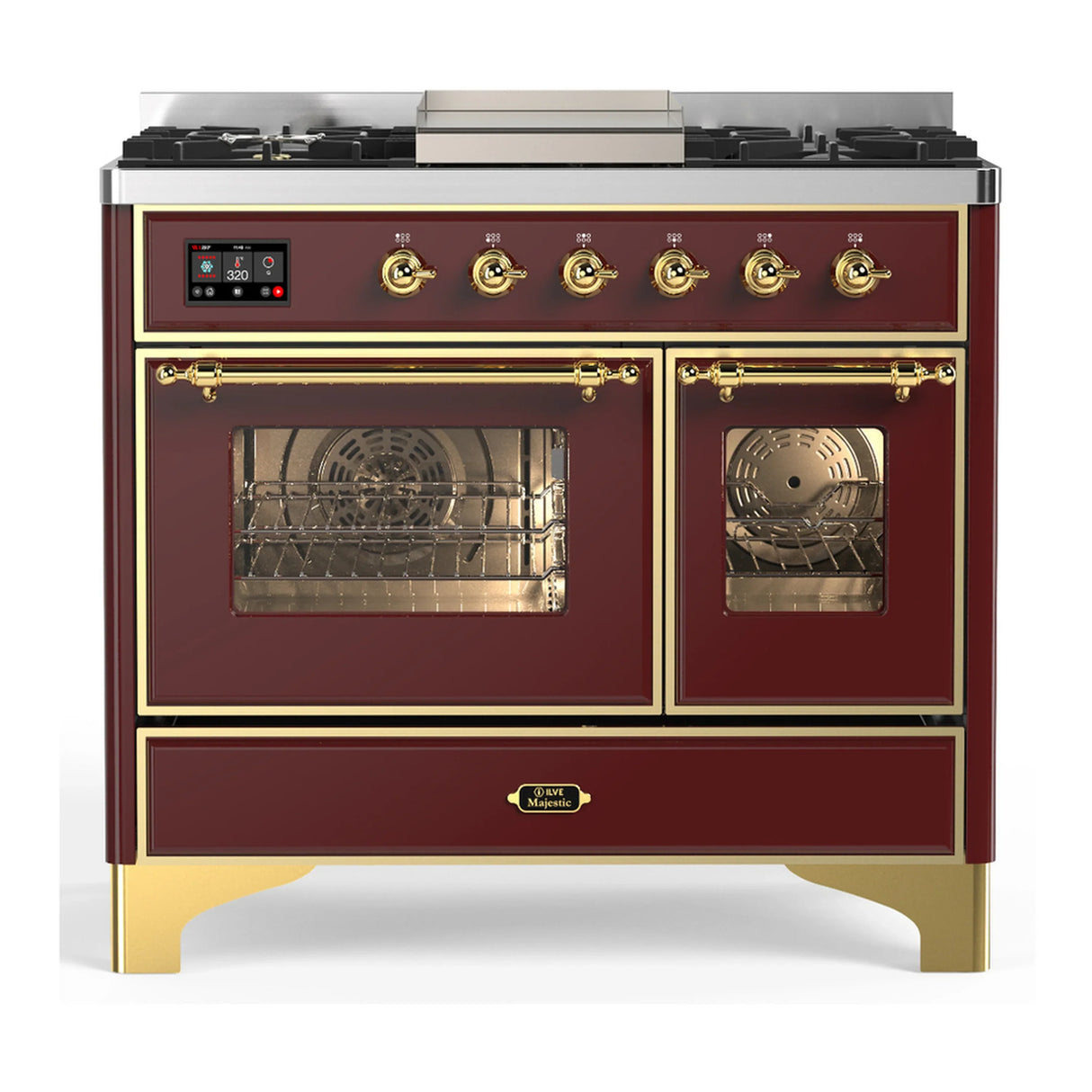 ILVE Majestic III 40-inch Dual Fuel Range with 5 Liquid Propane Burner, Griddle and Triple Glass Door Electric Oven in Burgundy with Brass Trim (UMD40FNR3BUGLP)