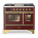 ILVE Majestic III 40-inch Dual Fuel Range with 5 Liquid Propane Burner, Griddle and Triple Glass Door Electric Oven in Burgundy with Brass Trim (UMD40FNR3BUGLP)