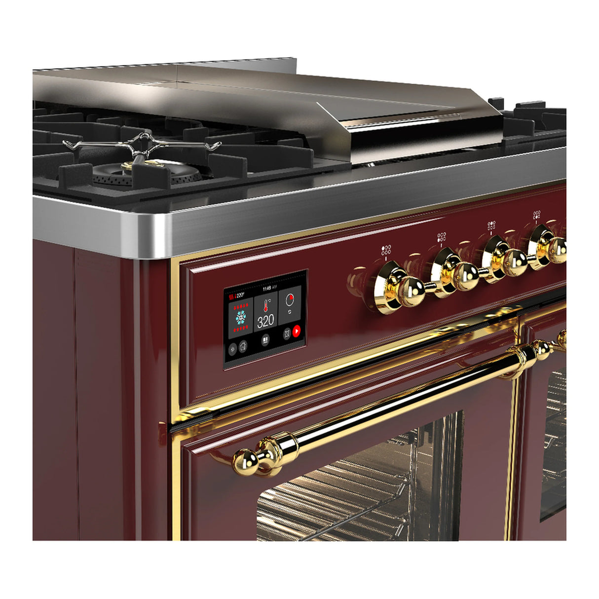 ILVE Majestic III 40-inch Dual Fuel Range with 5 Liquid Propane Burner, Griddle and Triple Glass Door Electric Oven in Burgundy with Brass Trim (UMD40FNR3BUGLP)