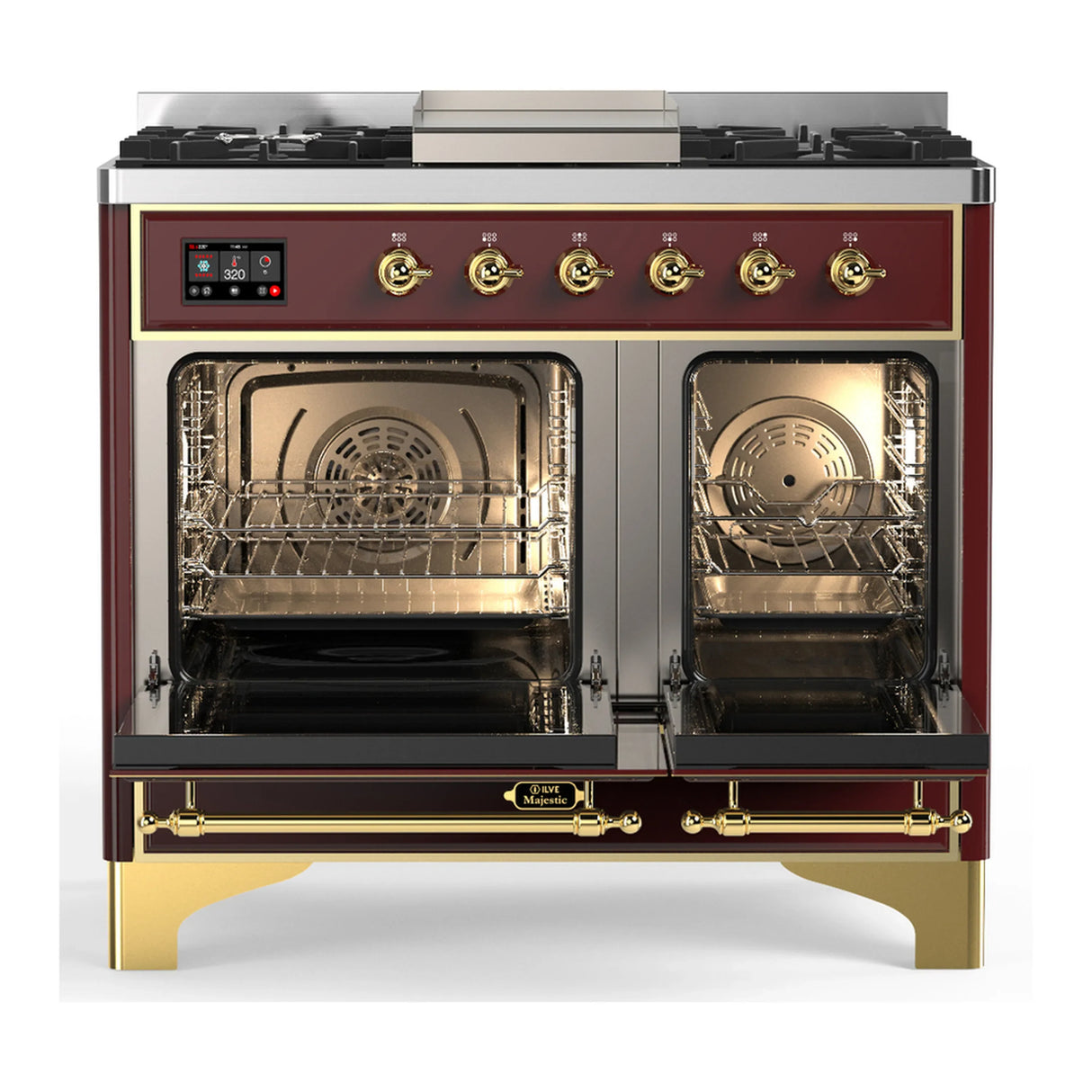 ILVE Majestic III 40-inch Dual Fuel Range with 5 Liquid Propane Burner, Griddle and Triple Glass Door Electric Oven in Burgundy with Brass Trim (UMD40FNR3BUGLP)