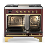 ILVE Majestic III 40-inch Dual Fuel Range with 5 Liquid Propane Burner, Griddle and Triple Glass Door Electric Oven in Burgundy with Brass Trim (UMD40FNR3BUGLP)