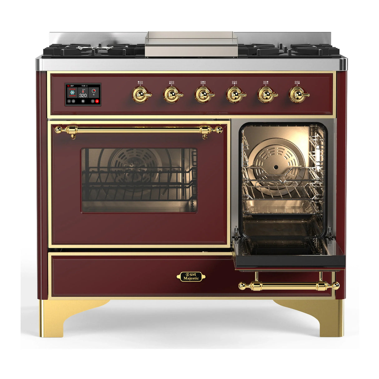ILVE Majestic III 40-inch Dual Fuel Range with 5 Liquid Propane Burner, Griddle and Triple Glass Door Electric Oven in Burgundy with Brass Trim (UMD40FNR3BUGLP)