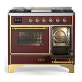 ILVE Majestic III 40-inch Dual Fuel Range with 5 Liquid Propane Burner, Griddle and Triple Glass Door Electric Oven in Burgundy with Brass Trim (UMD40FNR3BUGLP)