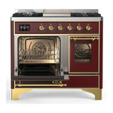 ILVE Majestic III 40-inch Dual Fuel Range with 5 Liquid Propane Burner, Griddle and Triple Glass Door Electric Oven in Burgundy with Brass Trim (UMD40FNR3BUGLP)