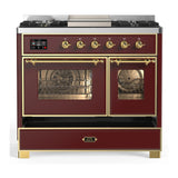 ILVE Majestic III 40-inch Dual Fuel Range with 5 Liquid Propane Burner, Griddle and Triple Glass Door Electric Oven in Burgundy with Brass Trim (UMD40FNR3BUGLP)