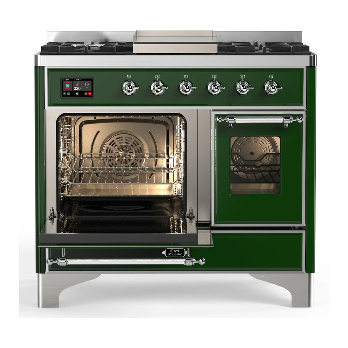 ILVE Majestic III 40-inch Dual Fuel Range with 6 Natural Gas Burner, Griddle and Triple Glass Door Electric Oven in Emerald Green with Chrome Trim (UMD40FNR3EGC)