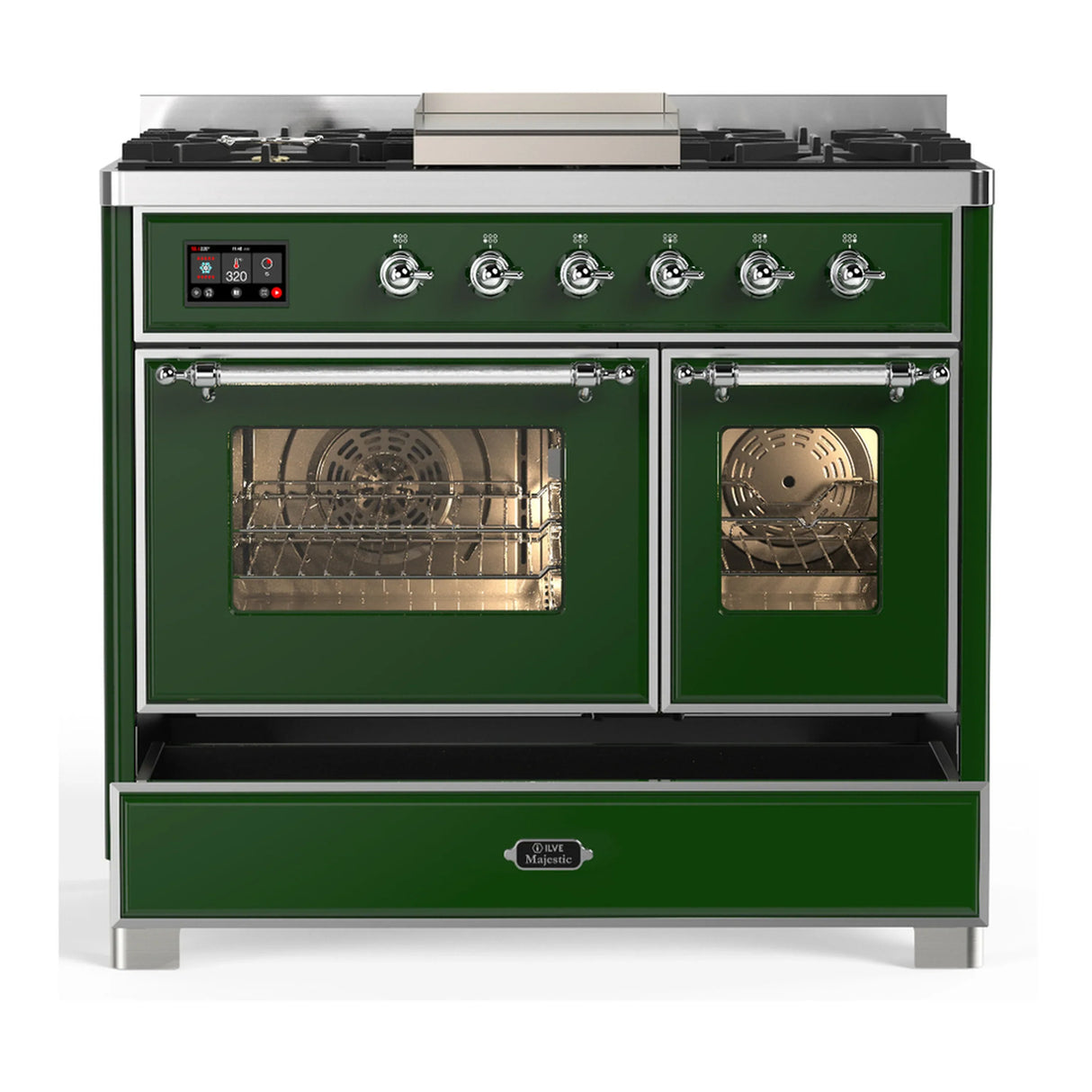 ILVE Majestic III 40-inch Dual Fuel Range with 6 Natural Gas Burner, Griddle and Triple Glass Door Electric Oven in Emerald Green with Chrome Trim (UMD40FNR3EGC)