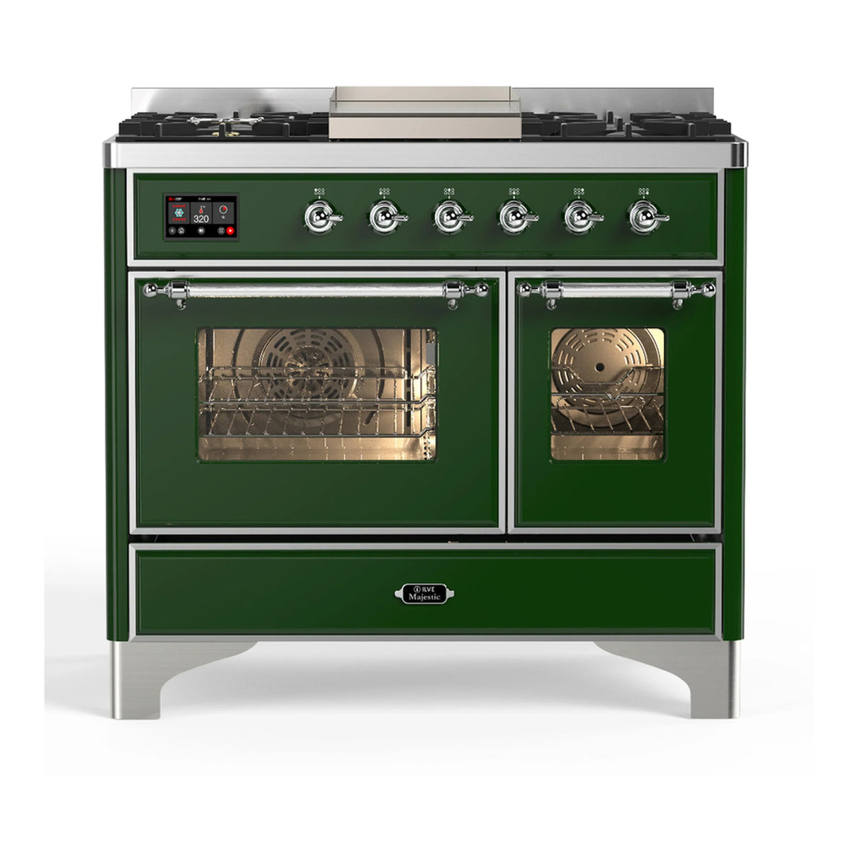 ILVE Majestic III 40-inch Dual Fuel Range with 6 Natural Gas Burner, Griddle and Triple Glass Door Electric Oven in Emerald Green with Chrome Trim (UMD40FNR3EGC)