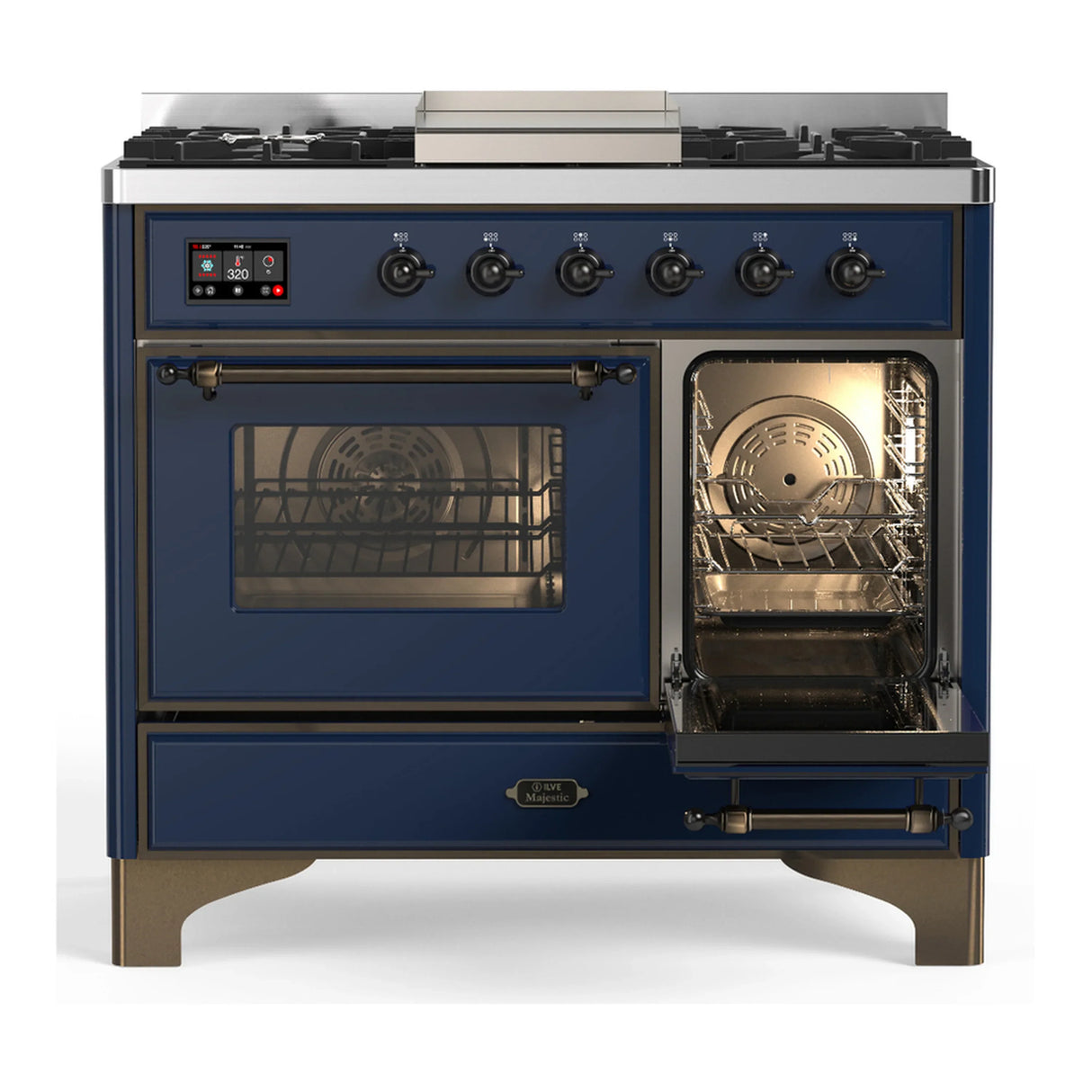 ILVE Majestic III 40-inch Dual Fuel Range with 6 Natural Gas Burner, Griddle and Triple Glass Door Electric Oven in Midnight Blue with Burnished Trim (UMD40FNR3MBB)