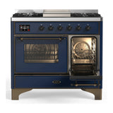 ILVE Majestic III 40-inch Dual Fuel Range with 6 Natural Gas Burner, Griddle and Triple Glass Door Electric Oven in Midnight Blue with Burnished Trim (UMD40FNR3MBB)