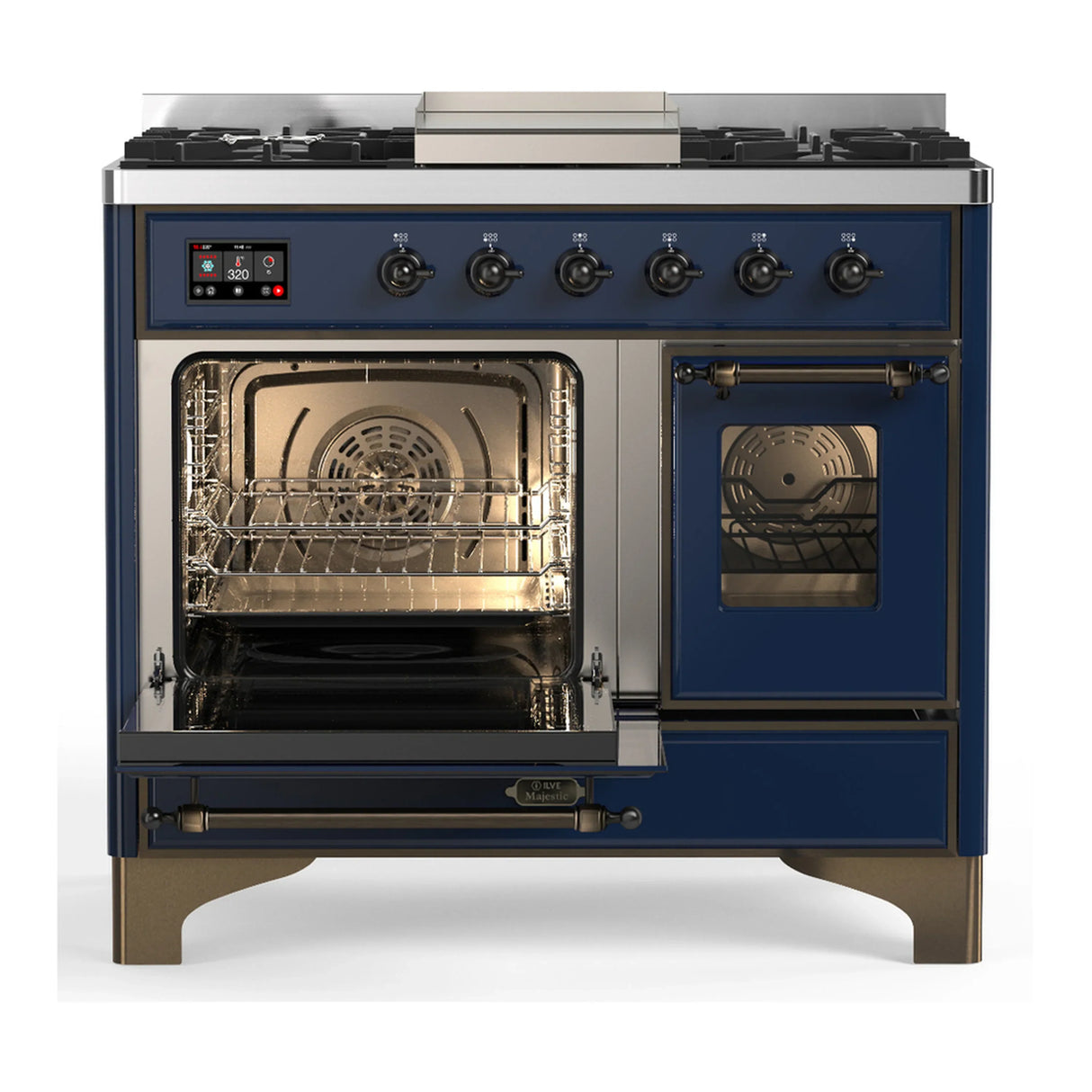 ILVE Majestic III 40-inch Dual Fuel Range with 6 Natural Gas Burner, Griddle and Triple Glass Door Electric Oven in Midnight Blue with Burnished Trim (UMD40FNR3MBB)