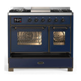 ILVE Majestic III 40-inch Dual Fuel Range with 6 Natural Gas Burner, Griddle and Triple Glass Door Electric Oven in Midnight Blue with Burnished Trim (UMD40FNR3MBB)