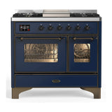 ILVE Majestic III 40-inch Dual Fuel Range with 6 Natural Gas Burner, Griddle and Triple Glass Door Electric Oven in Midnight Blue with Burnished Trim (UMD40FNR3MBB)