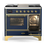ILVE Majestic III 40-inch Dual Fuel Range with 6 Natural Gas Burner, Griddle and Triple Glass Door Electric Oven in Blue Grey with Brass Trim (UMD40FNR3MBG)