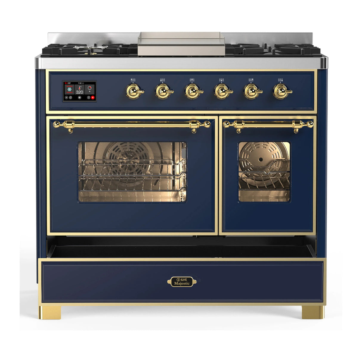 ILVE Majestic III 40-inch Dual Fuel Range with 6 Natural Gas Burner, Griddle and Triple Glass Door Electric Oven in Blue Grey with Brass Trim (UMD40FNR3MBG)