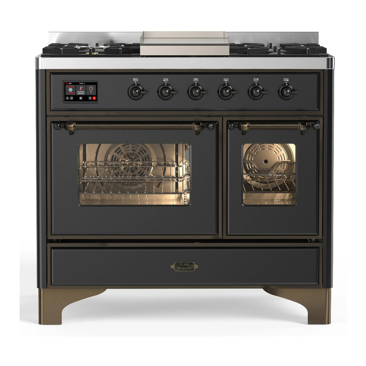 ILVE Majestic III 40-inch Dual Fuel Range with 5 Liquid Propane Burner, Griddle and Triple Glass Door Electric Oven in Graphite Matte with Burnished Trim (UMD40FNR3MGBLP)