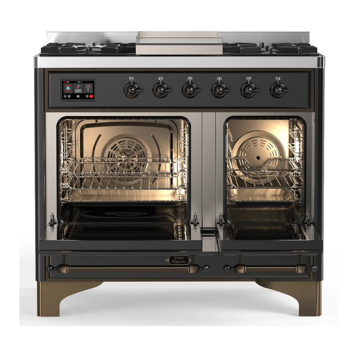 ILVE Majestic III 40-inch Dual Fuel Range with 6 Natural Gas Burner, Griddle and Triple Glass Door Electric Oven in Graphite Matte with Burnished Trim (UMD40FNR3MGB)