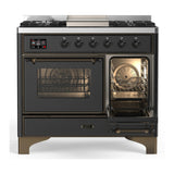 ILVE Majestic III 40-inch Dual Fuel Range with 5 Liquid Propane Burner, Griddle and Triple Glass Door Electric Oven in Graphite Matte with Burnished Trim (UMD40FNR3MGBLP)