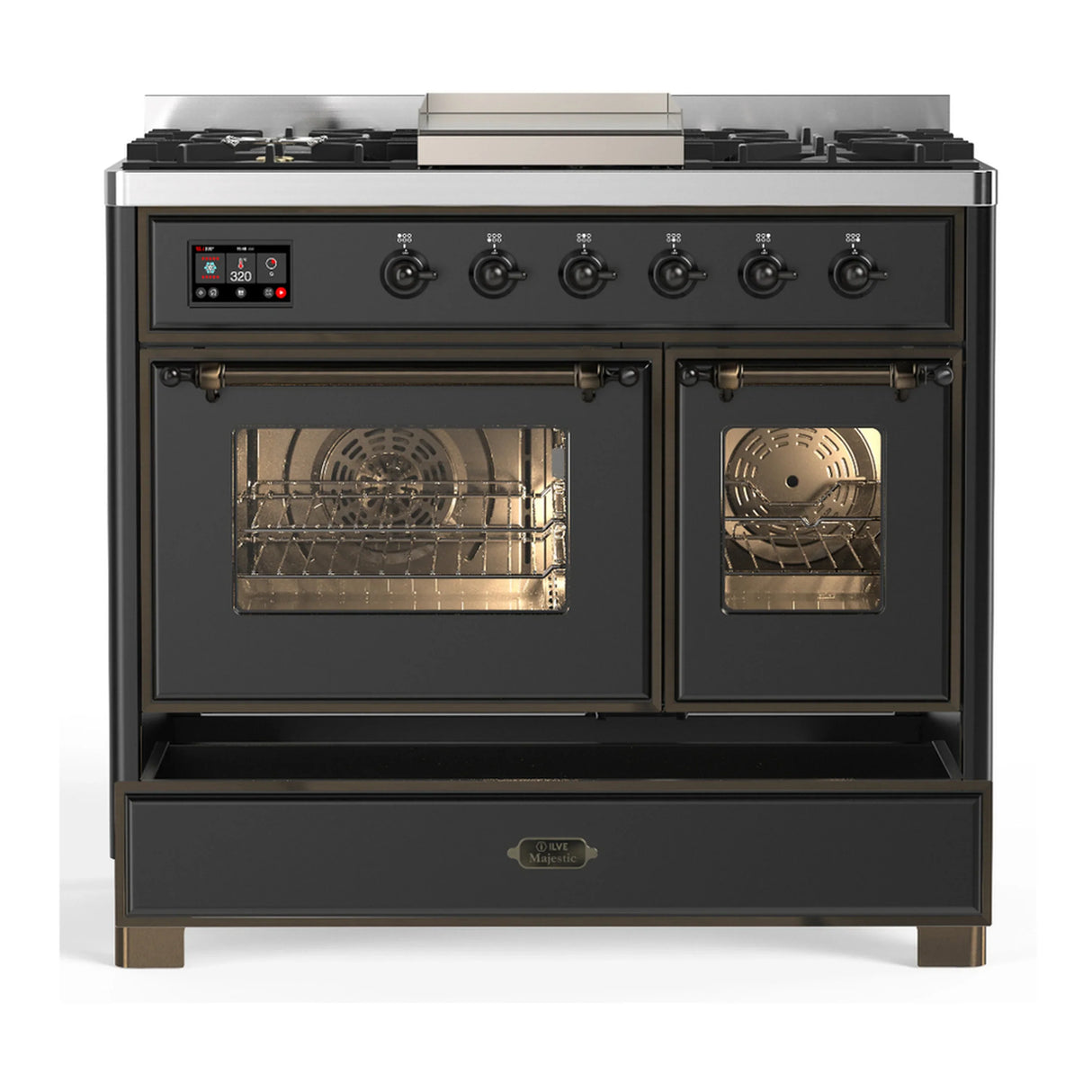 ILVE Majestic III 40-inch Dual Fuel Range with 5 Liquid Propane Burner, Griddle and Triple Glass Door Electric Oven in Graphite Matte with Burnished Trim (UMD40FNR3MGBLP)