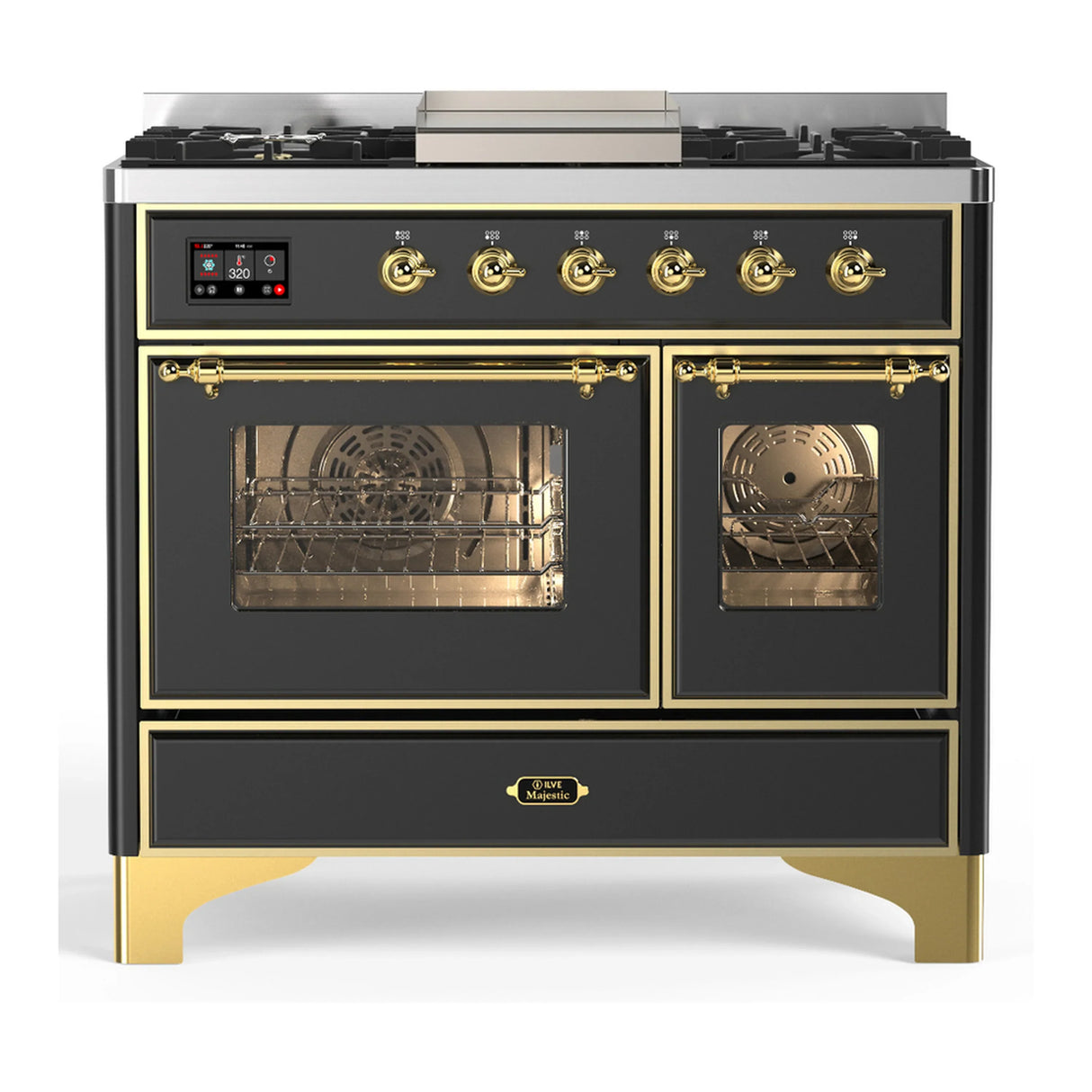 ILVE Majestic III 40-inch Dual Fuel Range with 5 Liquid Propane Burner, Griddle and Triple Glass Door Electric Oven in Graphite Matte with Brass Trim (UMD40FNR3MGGLP)