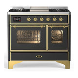 ILVE Majestic III 40-inch Dual Fuel Range with 5 Liquid Propane Burner, Griddle and Triple Glass Door Electric Oven in Graphite Matte with Brass Trim (UMD40FNR3MGGLP)