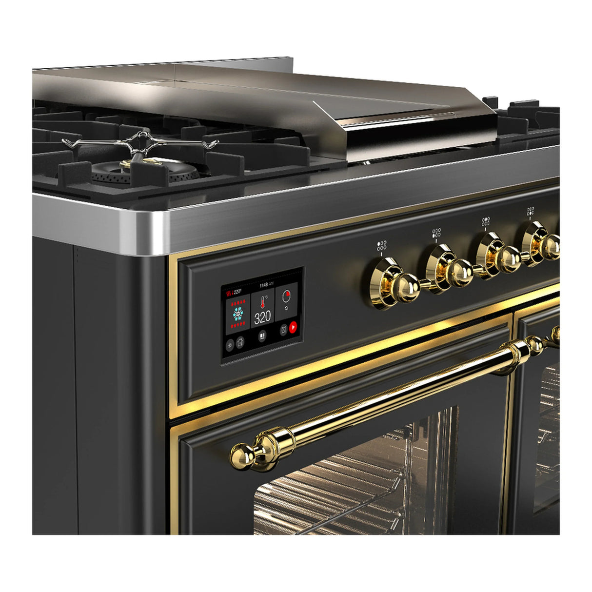 ILVE Majestic III 40-inch Dual Fuel Range with 5 Liquid Propane Burner, Griddle and Triple Glass Door Electric Oven in Graphite Matte with Brass Trim (UMD40FNR3MGGLP)