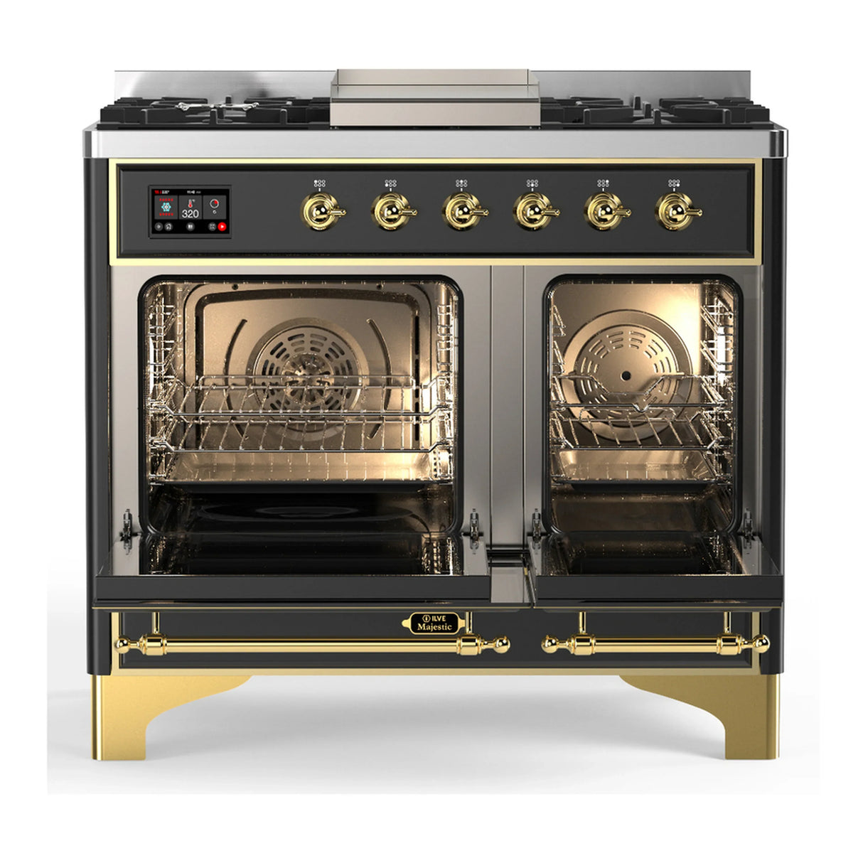 ILVE Majestic III 40-inch Dual Fuel Range with 5 Liquid Propane Burner, Griddle and Triple Glass Door Electric Oven in Graphite Matte with Brass Trim (UMD40FNR3MGGLP)