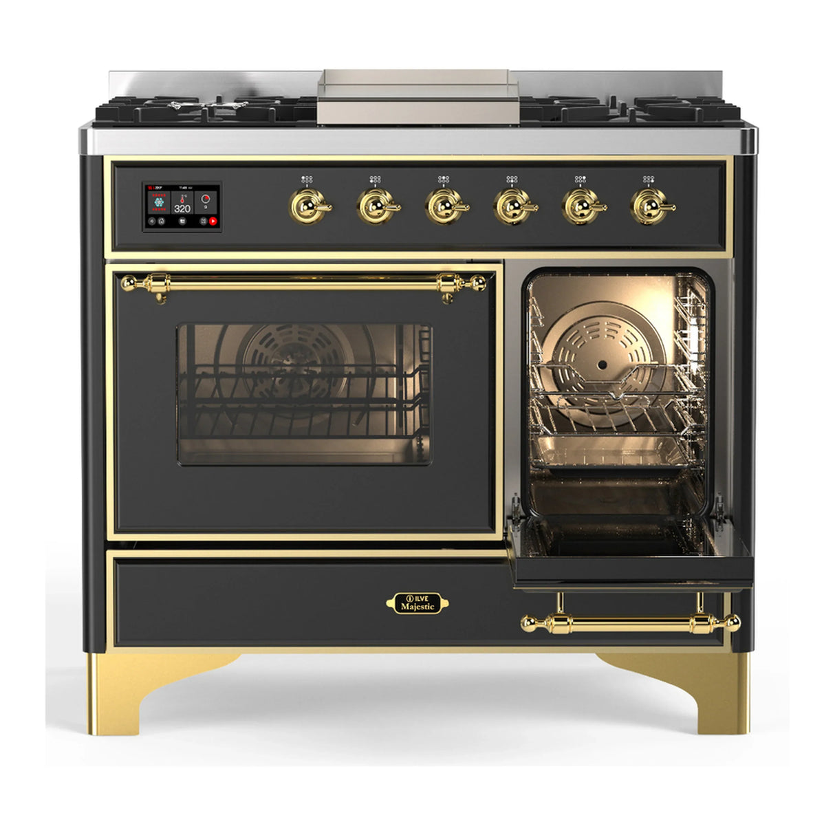 ILVE Majestic III 40-inch Dual Fuel Range with 5 Liquid Propane Burner, Griddle and Triple Glass Door Electric Oven in Graphite Matte with Brass Trim (UMD40FNR3MGGLP)