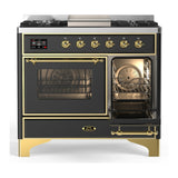 ILVE Majestic III 40-inch Dual Fuel Range with 5 Liquid Propane Burner, Griddle and Triple Glass Door Electric Oven in Graphite Matte with Brass Trim (UMD40FNR3MGGLP)