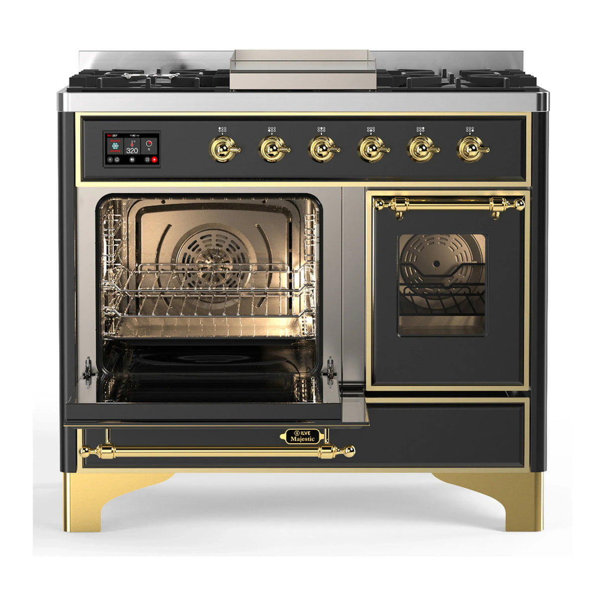 ILVE Majestic III 40-inch Dual Fuel Range with 5 Liquid Propane Burner, Griddle and Triple Glass Door Electric Oven in Graphite Matte with Brass Trim (UMD40FNR3MGGLP)