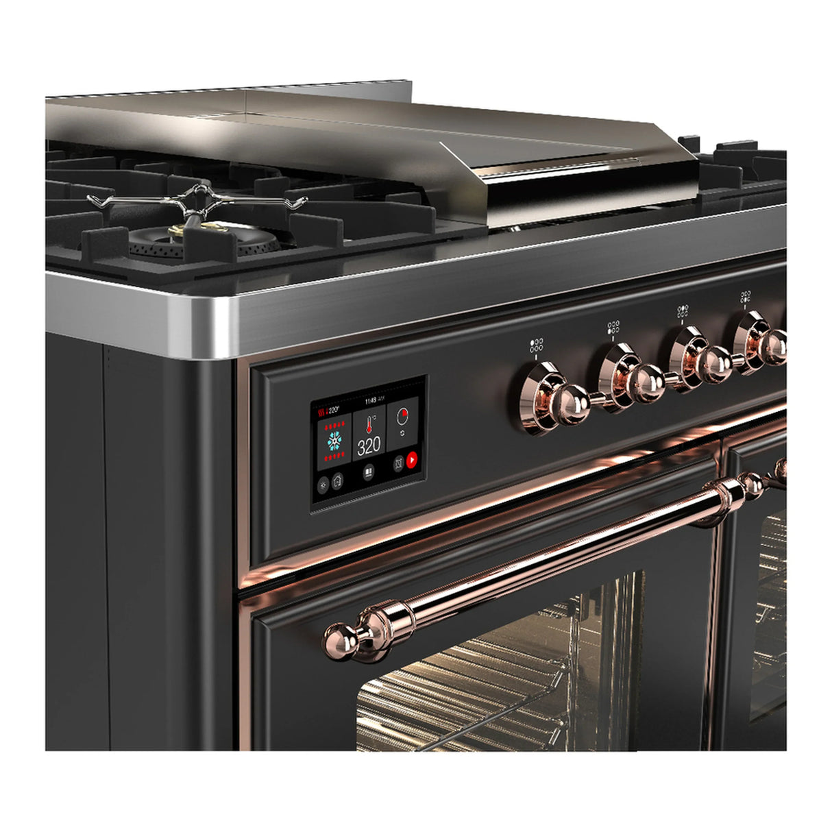 ILVE Majestic III 40-inch Dual Fuel Range with 6 Natural Gas Burner, Griddle and Triple Glass Door Electric Oven in Graphite Matte with Copper Trim (UMD40FNR3MGP)