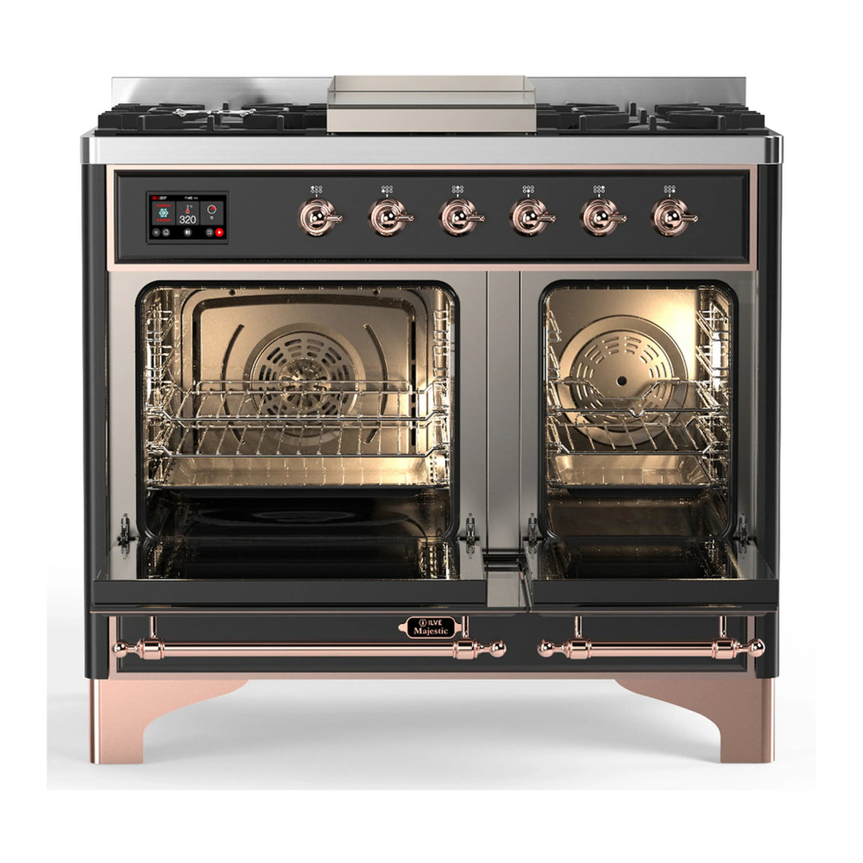 ILVE Majestic III 40-inch Dual Fuel Range with 6 Natural Gas Burner, Griddle and Triple Glass Door Electric Oven in Graphite Matte with Copper Trim (UMD40FNR3MGP)