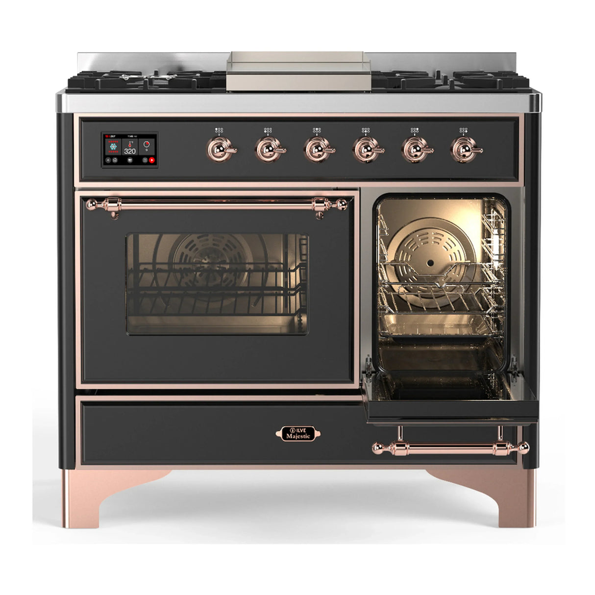 ILVE Majestic III 40-inch Dual Fuel Range with 5 Liquid Propane Burner, Griddle and Triple Glass Door Electric Oven in Graphite Matte with Copper Trim (UMD40FNR3MGPLP)