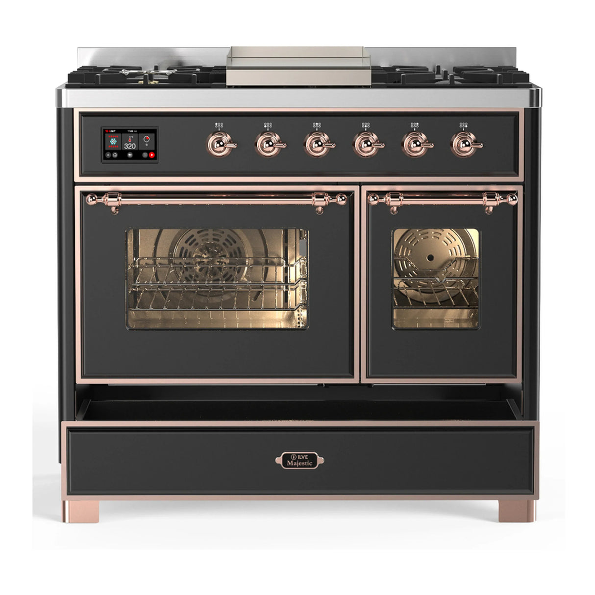 ILVE Majestic III 40-inch Dual Fuel Range with 5 Liquid Propane Burner, Griddle and Triple Glass Door Electric Oven in Graphite Matte with Copper Trim (UMD40FNR3MGPLP)