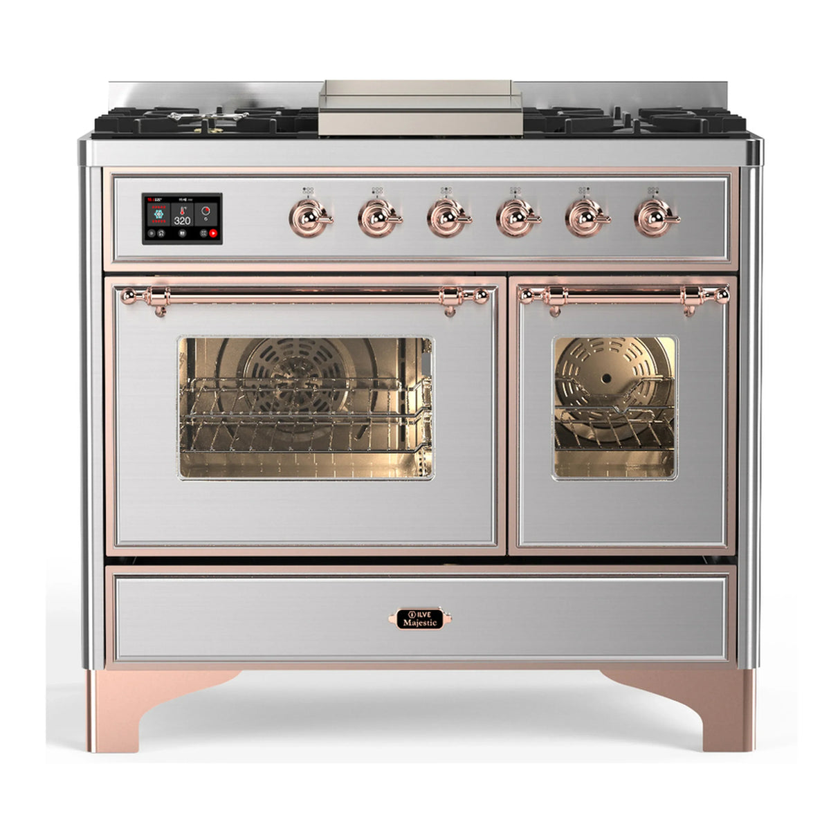 ILVE Majestic III 40-inch Dual Fuel Range with 6 Natural Gas Burner, Griddle and Triple Glass Door Electric Oven in Stainless Steel with Copper Trim (UMD40FNR3SSP)