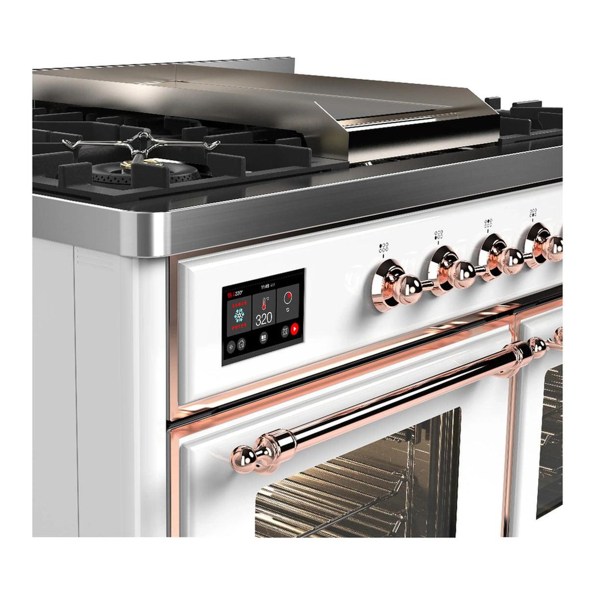 ILVE Majestic III 40-inch Dual Fuel Range with 6 Natural Gas Burner, Griddle and Triple Glass Door Electric Oven in White with Copper Trim (UMD40FNR3WHP)