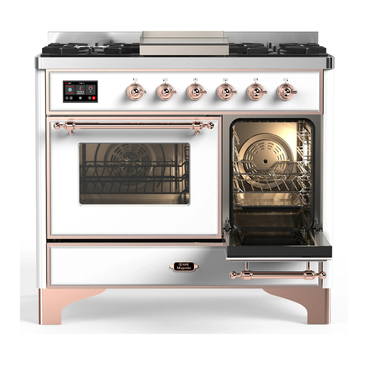 ILVE Majestic III 40-inch Dual Fuel Range with 6 Natural Gas Burner, Griddle and Triple Glass Door Electric Oven in White with Copper Trim (UMD40FNR3WHP)