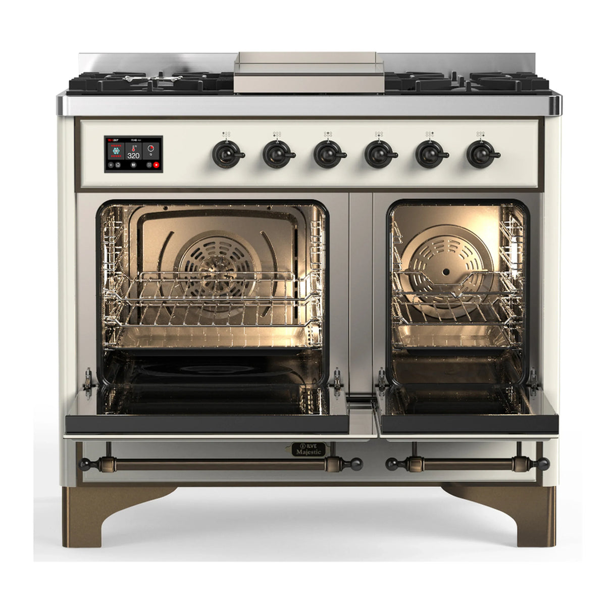 ILVE Majestic III 40-inch Dual Fuel Range with 5 Liquid Propane Burner, Griddle and Solid Door Electric Oven in Antique White with Burnished Trim (UMD40FQNR3AWBLP)