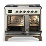 ILVE Majestic III 40-inch Dual Fuel Range with 6 Natural Gas Burner, Griddle and Solid Door Electric Oven in Antique White with Burnished Trim (UMD40FQNR3AWB)