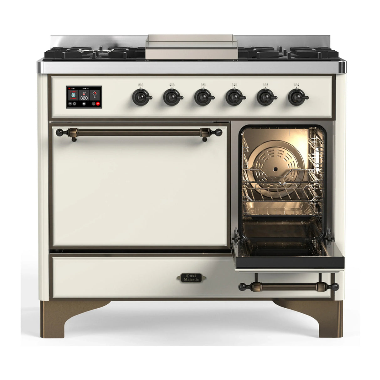 ILVE Majestic III 40-inch Dual Fuel Range with 5 Liquid Propane Burner, Griddle and Solid Door Electric Oven in Antique White with Burnished Trim (UMD40FQNR3AWBLP)
