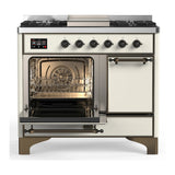 ILVE Majestic III 40-inch Dual Fuel Range with 6 Natural Gas Burner, Griddle and Solid Door Electric Oven in Antique White with Burnished Trim (UMD40FQNR3AWB)