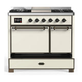 ILVE Majestic III 40-inch Dual Fuel Range with 5 Liquid Propane Burner, Griddle and Solid Door Electric Oven in Antique White with Burnished Trim (UMD40FQNR3AWBLP)