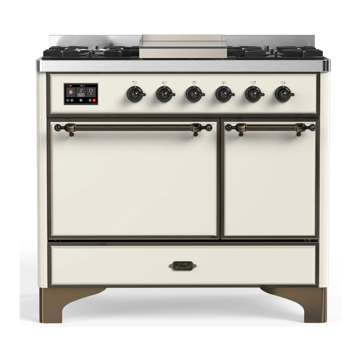 ILVE Majestic III 40-inch Dual Fuel Range with 6 Natural Gas Burner, Griddle and Solid Door Electric Oven in Antique White with Burnished Trim (UMD40FQNR3AWB)