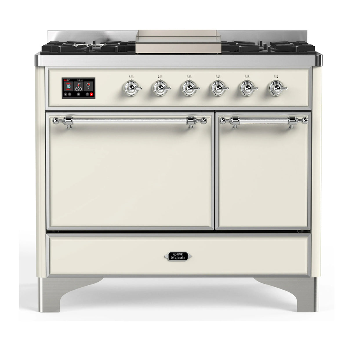 ILVE Majestic III 40-inch Dual Fuel Range with 5 Liquid Propane Burner, Griddle and Solid Door Electric Oven in Antique White with Chrome Trim (UMD40FQNR3AWCLP)