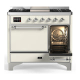 ILVE Majestic III 40-inch Dual Fuel Range with 5 Liquid Propane Burner, Griddle and Solid Door Electric Oven in Antique White with Chrome Trim (UMD40FQNR3AWCLP)