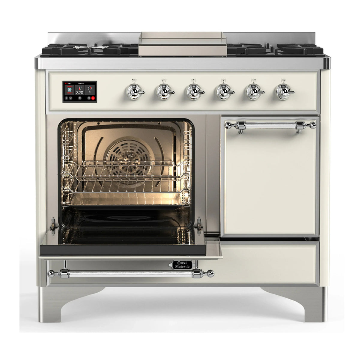ILVE Majestic III 40-inch Dual Fuel Range with 5 Liquid Propane Burner, Griddle and Solid Door Electric Oven in Antique White with Chrome Trim (UMD40FQNR3AWCLP)