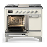 ILVE Majestic III 40-inch Dual Fuel Range with 5 Liquid Propane Burner, Griddle and Solid Door Electric Oven in Antique White with Chrome Trim (UMD40FQNR3AWCLP)
