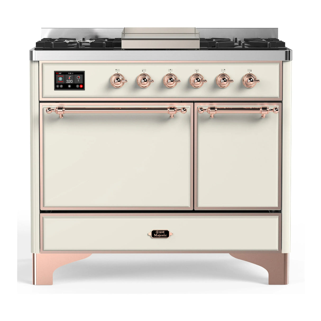 ILVE Majestic III 40-inch Dual Fuel Range with 5 Liquid Propane Burner, Griddle and Solid Door Electric Oven in Antique White with Copper Trim (UMD40FQNR3AWPLP)