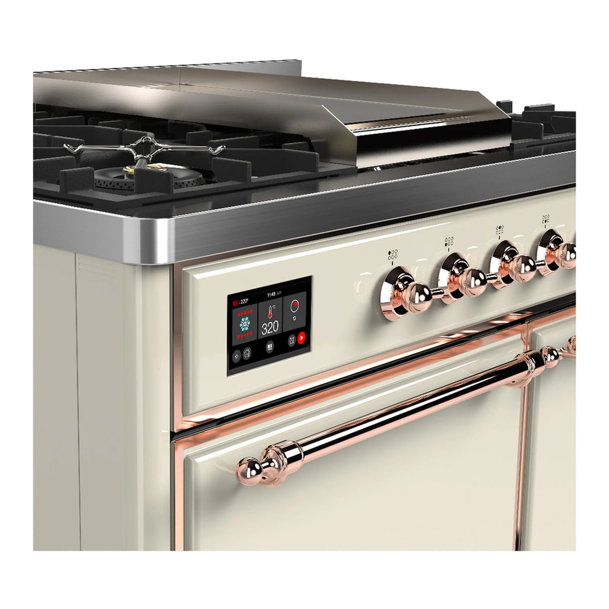 ILVE Majestic III 40-inch Dual Fuel Range with 5 Liquid Propane Burner, Griddle and Solid Door Electric Oven in Antique White with Copper Trim (UMD40FQNR3AWPLP)